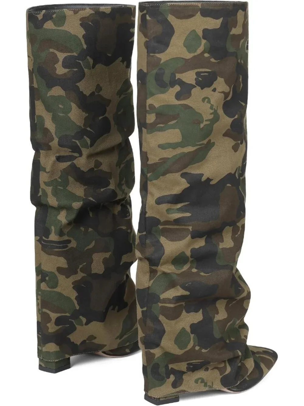 Women's Camoflage Pointed Toe Fold Over Chunky Block Heel Slouchy Knee High Boot